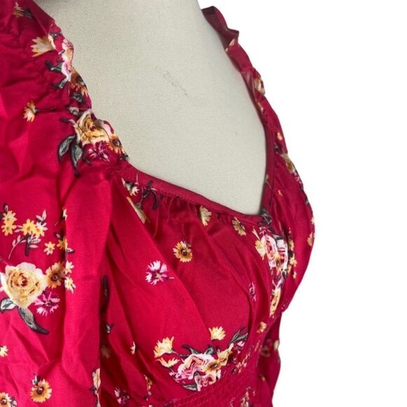 Velvet Torch Women’s Red Ditsy Floral Long Sleeve Ruffle Smock Inset Dress Sz: S - Picture 2 of 8